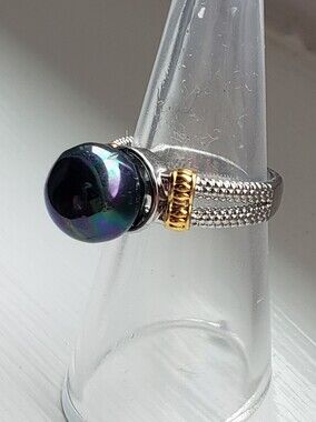 NEW Sterling Stamped Large Black Pearl Ring, Size 6, Gold Accents Over Silver.